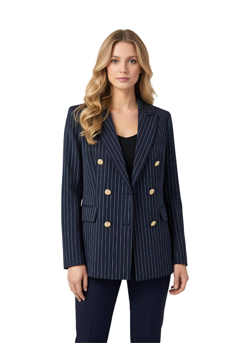Navy Pinstripe Tailored Blazer with Gold Toned Hammered Round Buttons