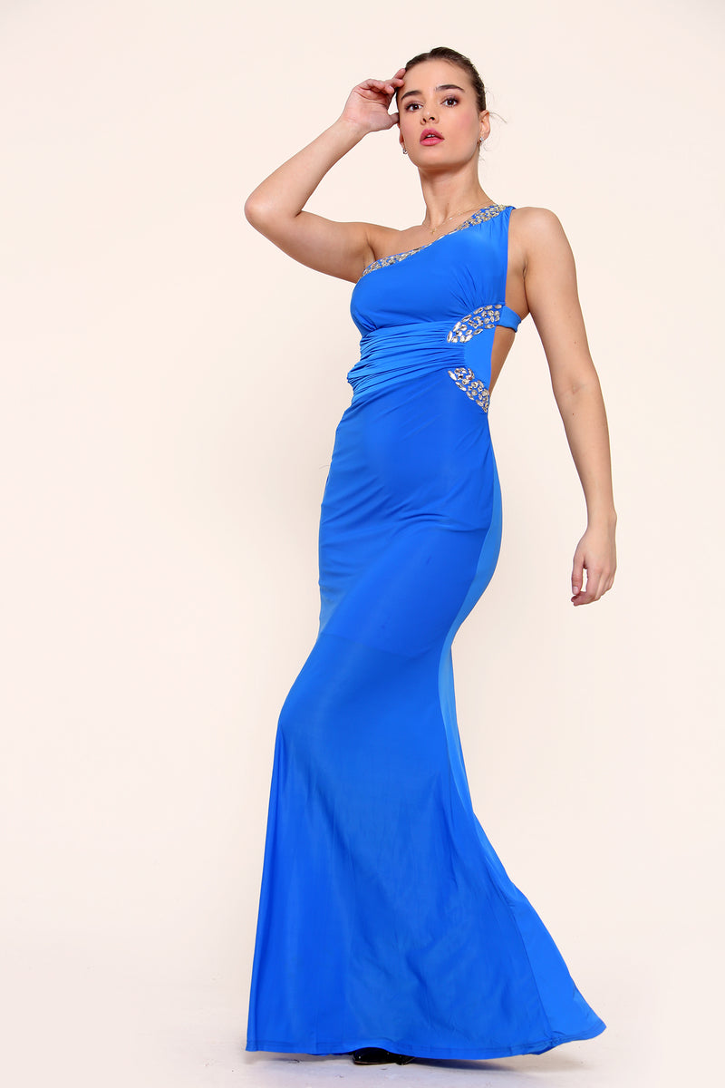 Embellished Asymmetric Gown Maxi Dress