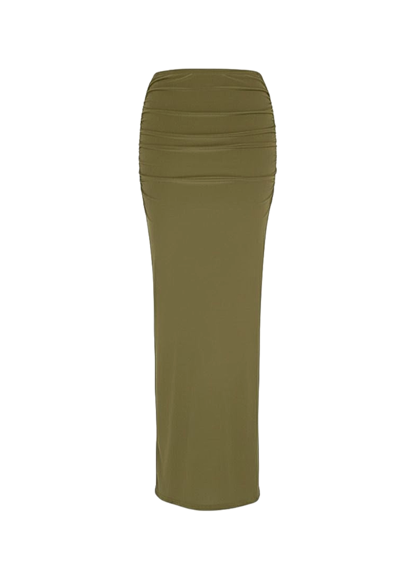 Olive Green Stretch Fit Classic High Waist Draped Maxi Skirt