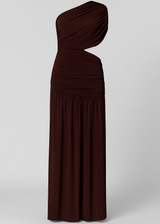 One shoulder draping maxi dress with detailed side cut out, elegant and stylish evening wear