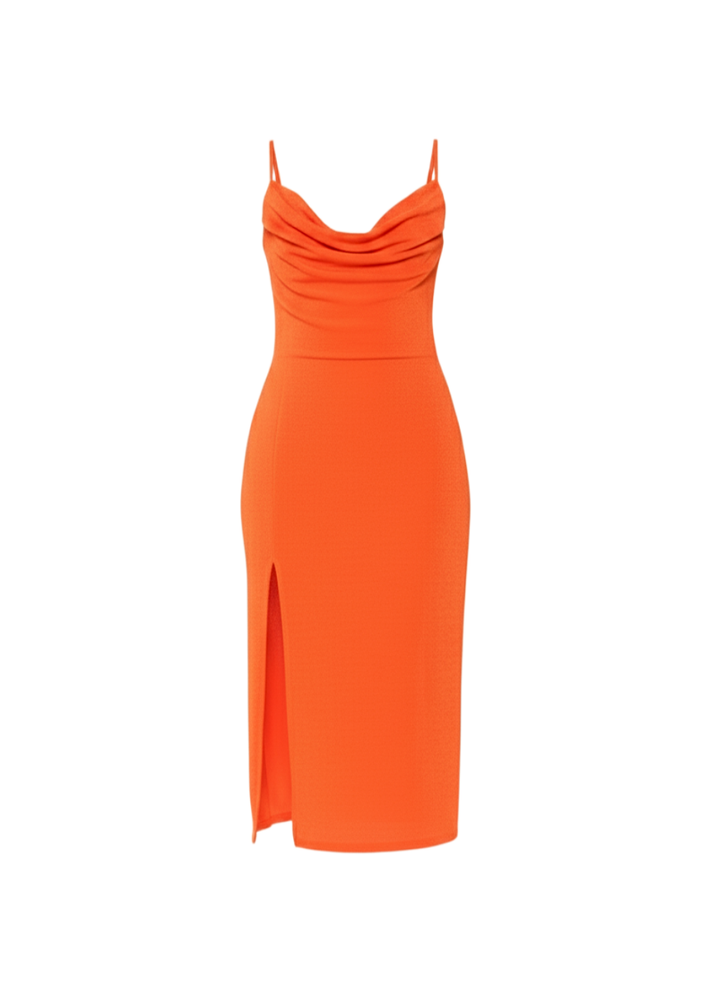 Orange Slinky Cowl Neck Midi Slip Dress With Side Slit