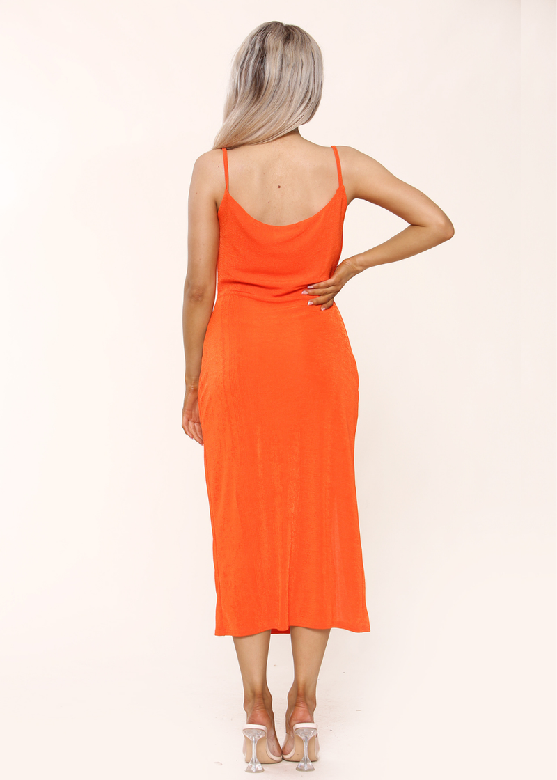 Orange Slinky Cowl Neck Midi Slip Dress With Side Slit