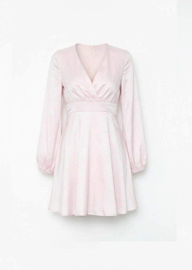 Pink Satin Stitched Waist Mini Dress Long Sleeve Flowing Silhouette