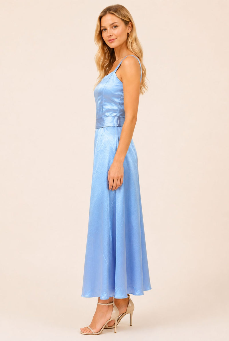 Powder Blue Satin Square Neck Belted Maxi Dress