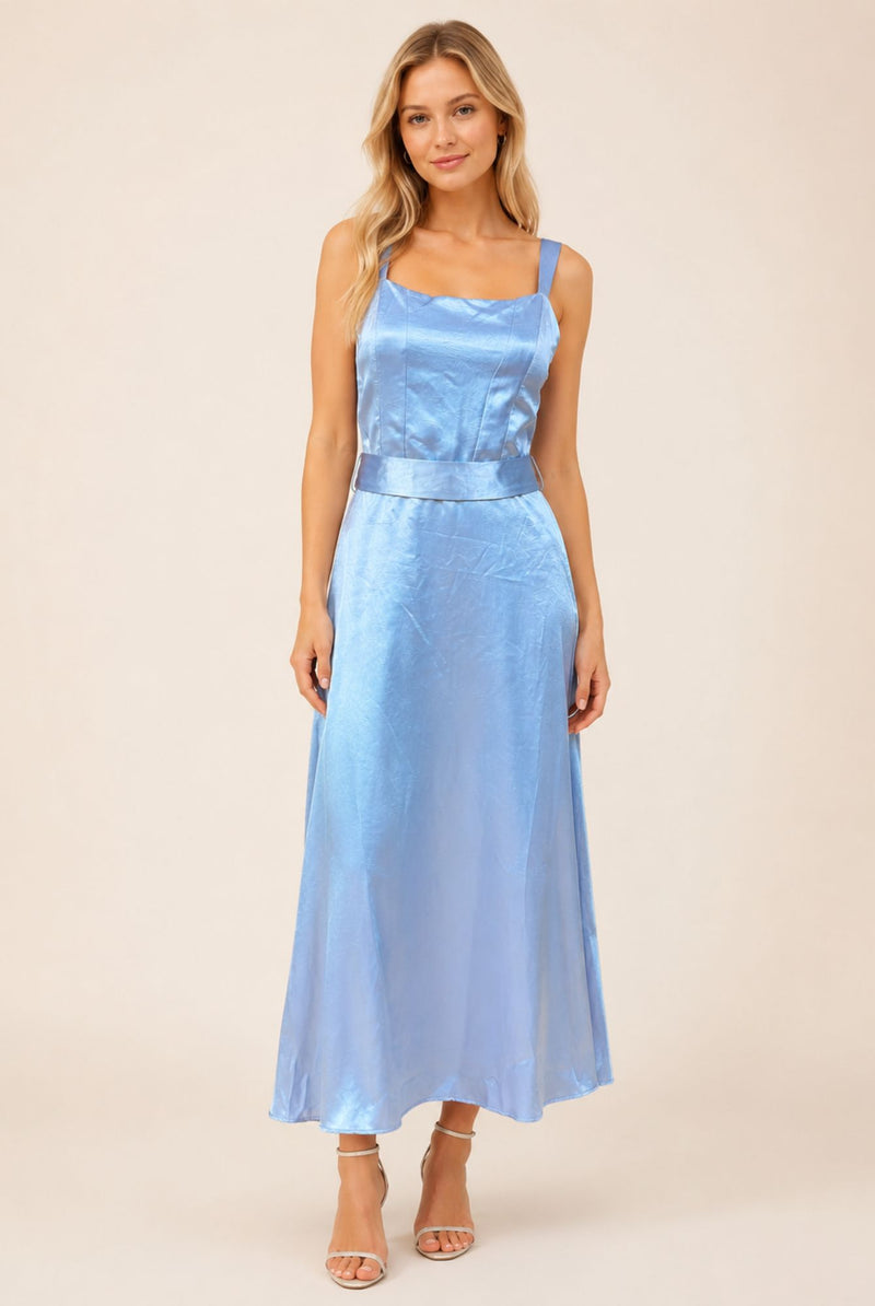 Powder Blue Satin Square Neck Belted Maxi Dress