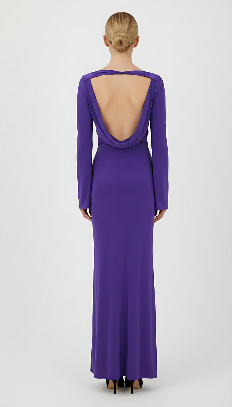 Purple Backless Slinky Knot Waist Bodycon Maxi Dress