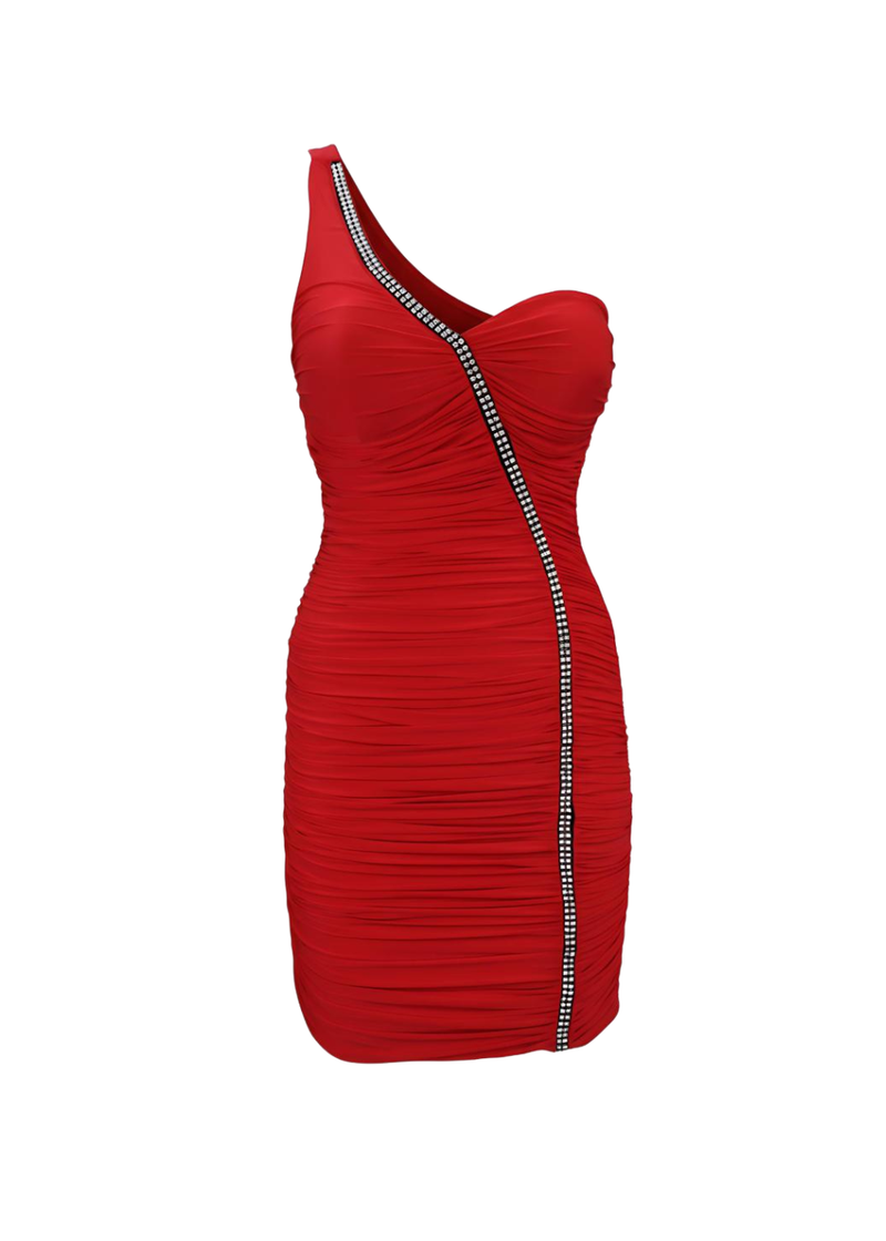 Red One Shoulder Ruched Rhinestone Trim Mini Dress