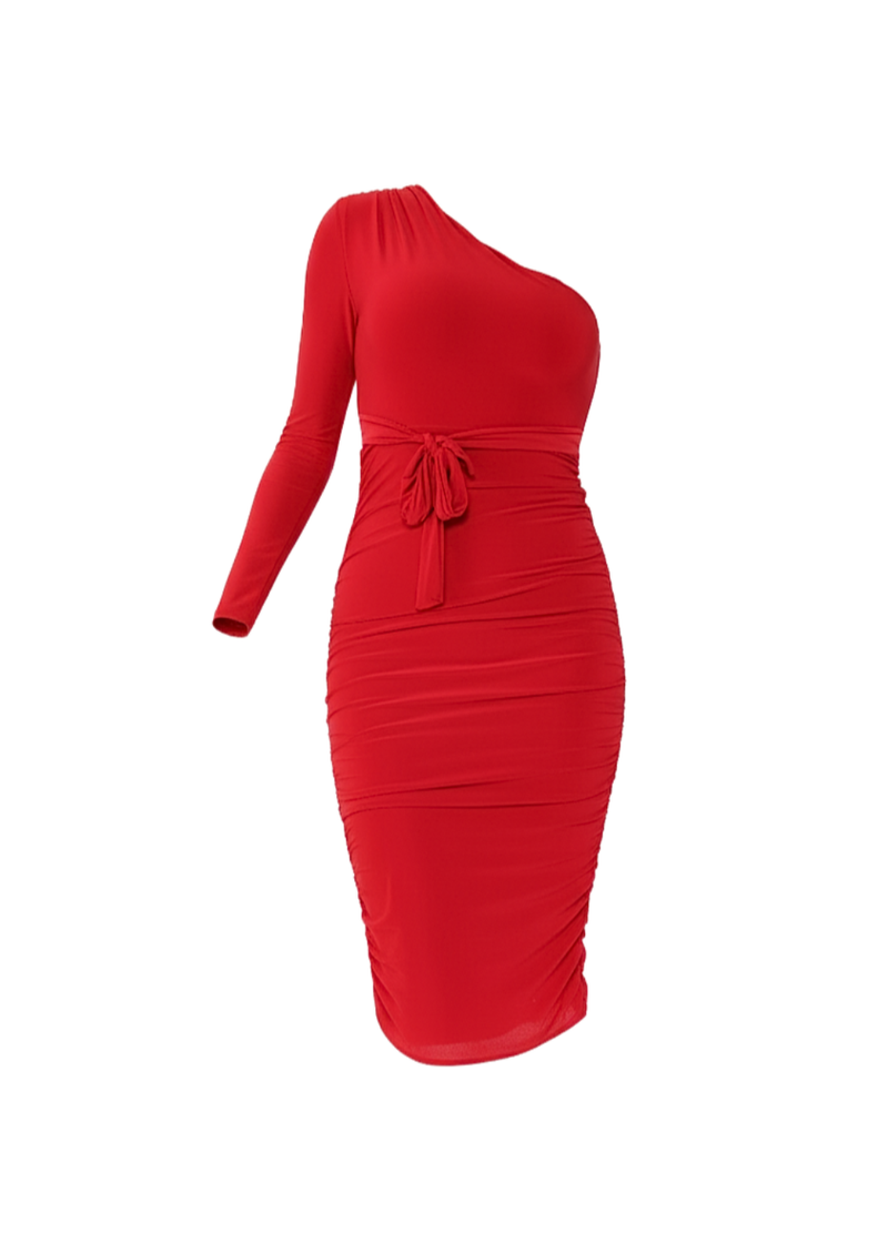 Red Ruched Detailing One Shoulder Bodycon Midi Dress