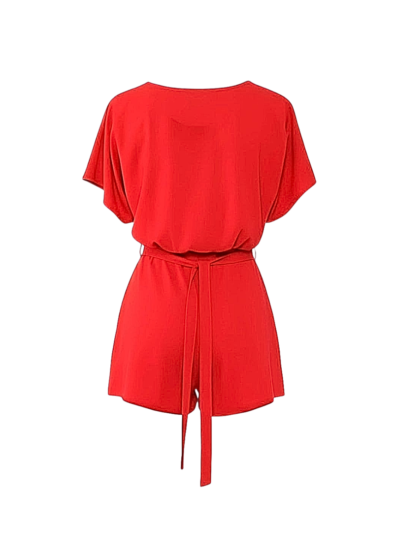 Red Short Sleeve Tie Waist Playsuit with Belted Detail