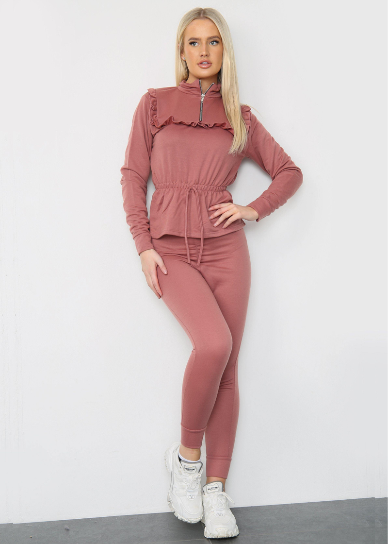 Rose Gold Long Sleeve Lounge Top Adjustable Waist With Frill Accents