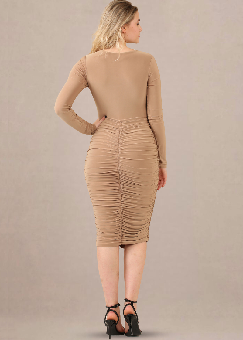 Stone Slinky Long Sleeve Ruched Wrap Midi Dress