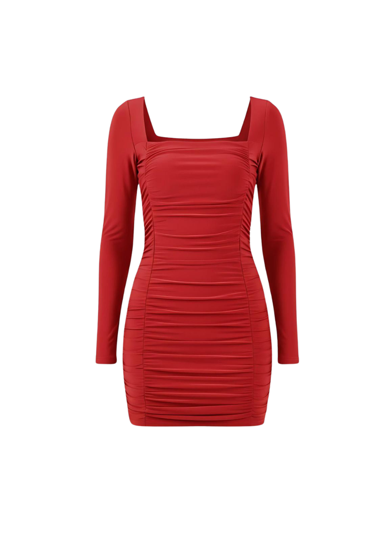Red Long Sleeve Ruched Bodycon Mini Dress