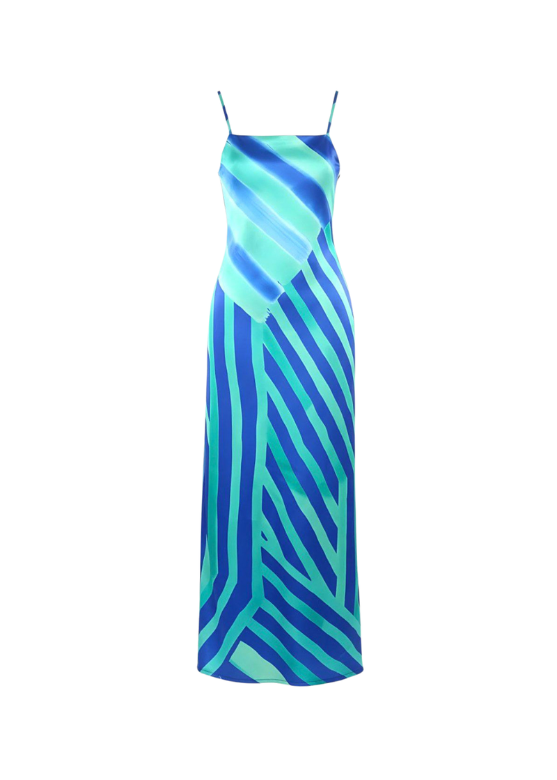 Aqua Blue Square Neck Satin Striped Bodycon Maxi Dress