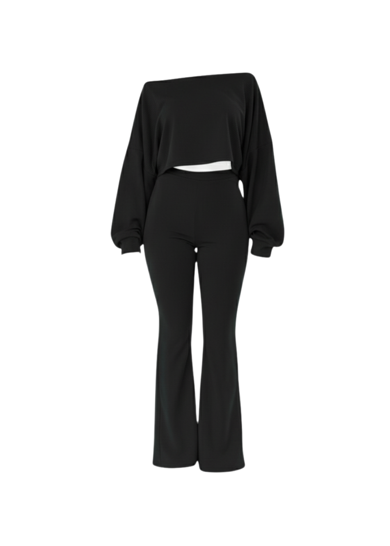 Black Ribbed Two-Piece Off-Shoulder Crop Top & Wide Leg Trouser