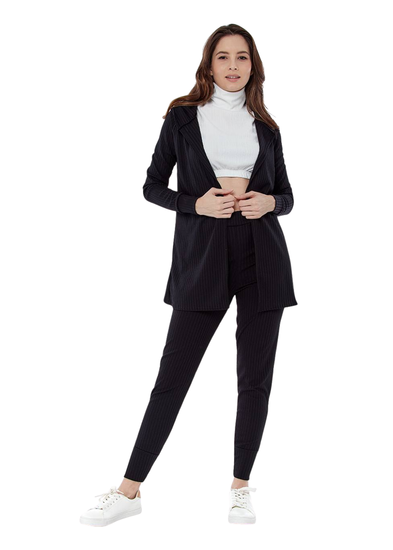Black Ribbed Loungewear Set with Hoodie Cardigan and Leggings