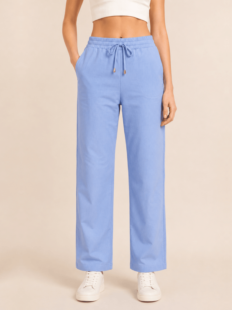 Blue Linen Blend Elastic Tie Waist Trousers