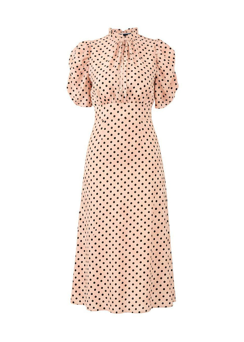 Pale Orange Vintage-Inspired Puff Sleeves Polka Dot Midi Dress
