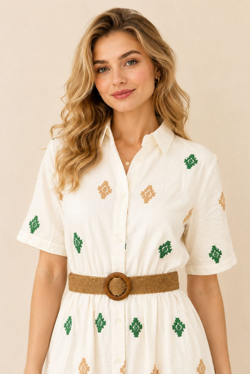 Women's White Embroidered Shirt Maxi Dress – Green & Beige Embroidery