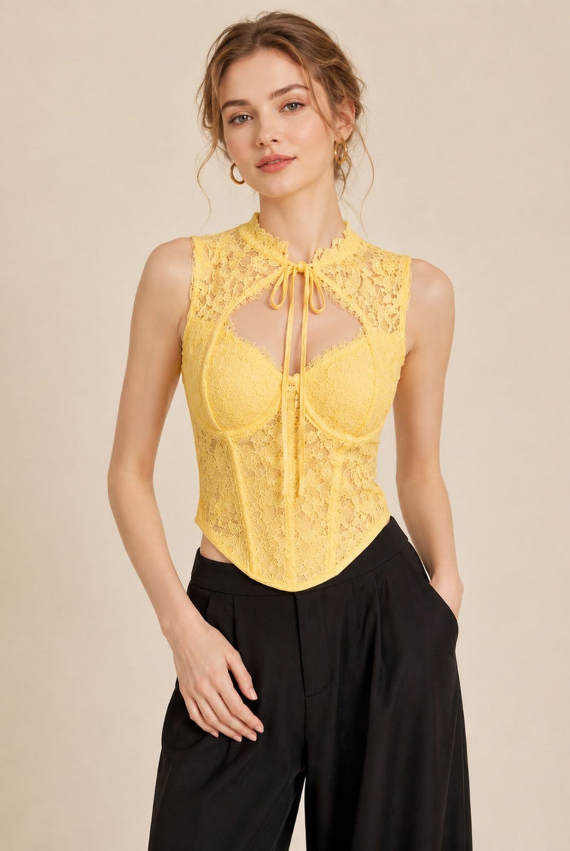 Yellow Lace Tie-Neck Corset Top - Elegant Occasion Edition
