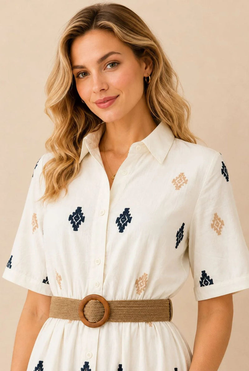 Women's White Embroidered Shirt Maxi Dress – Navy & Beige Embroidery