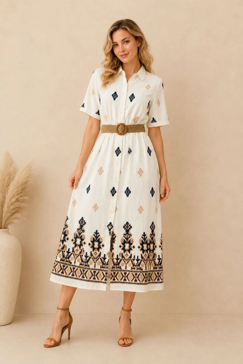 Women's White Embroidered Shirt Maxi Dress – Navy & Beige Embroidery