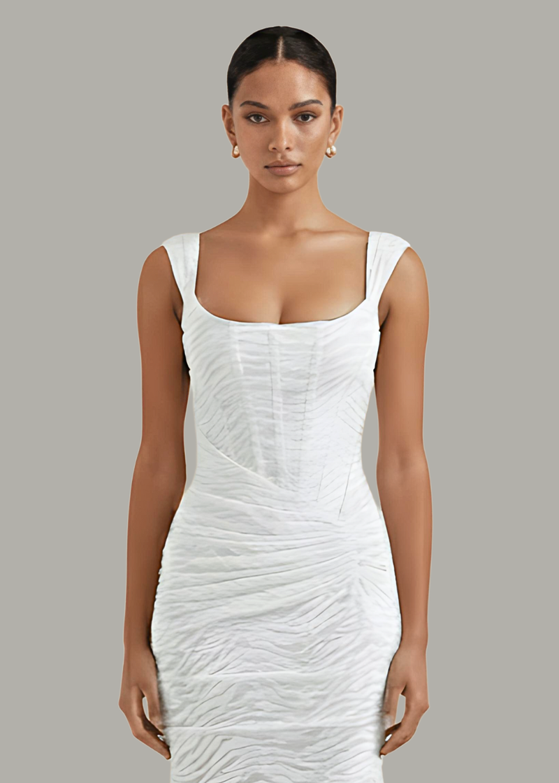 White Mermaid Ruched Waist Sleeveless Flared Hi-Low Hem Dress