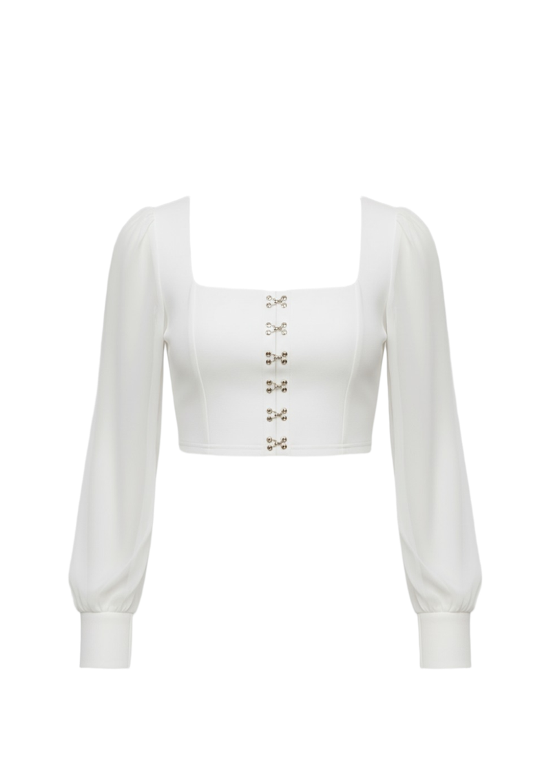 White Sheer Mesh Long Sleeve Hook and Eye Crop Top