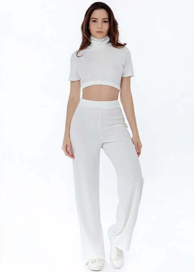 White Wide-Leg Trousers Co-Ord Set High Neck Short Sleeve T-Shirt