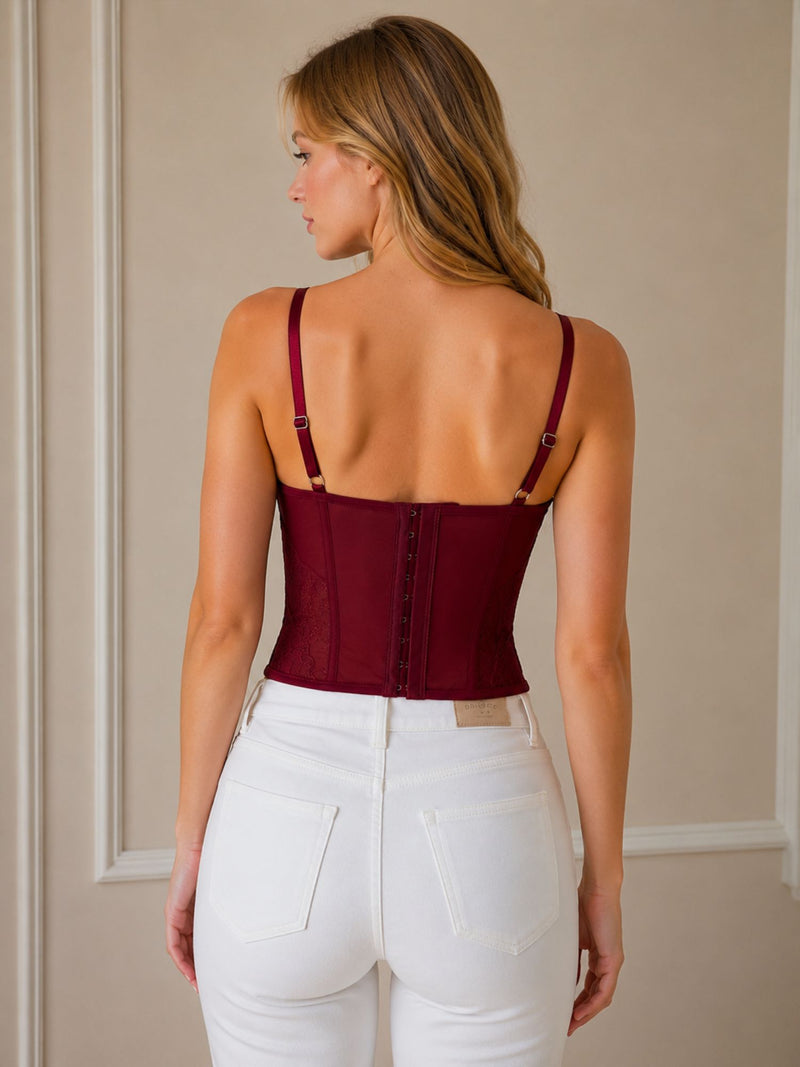 Wine Lace Mesh Corset Top With Adjustable Straps