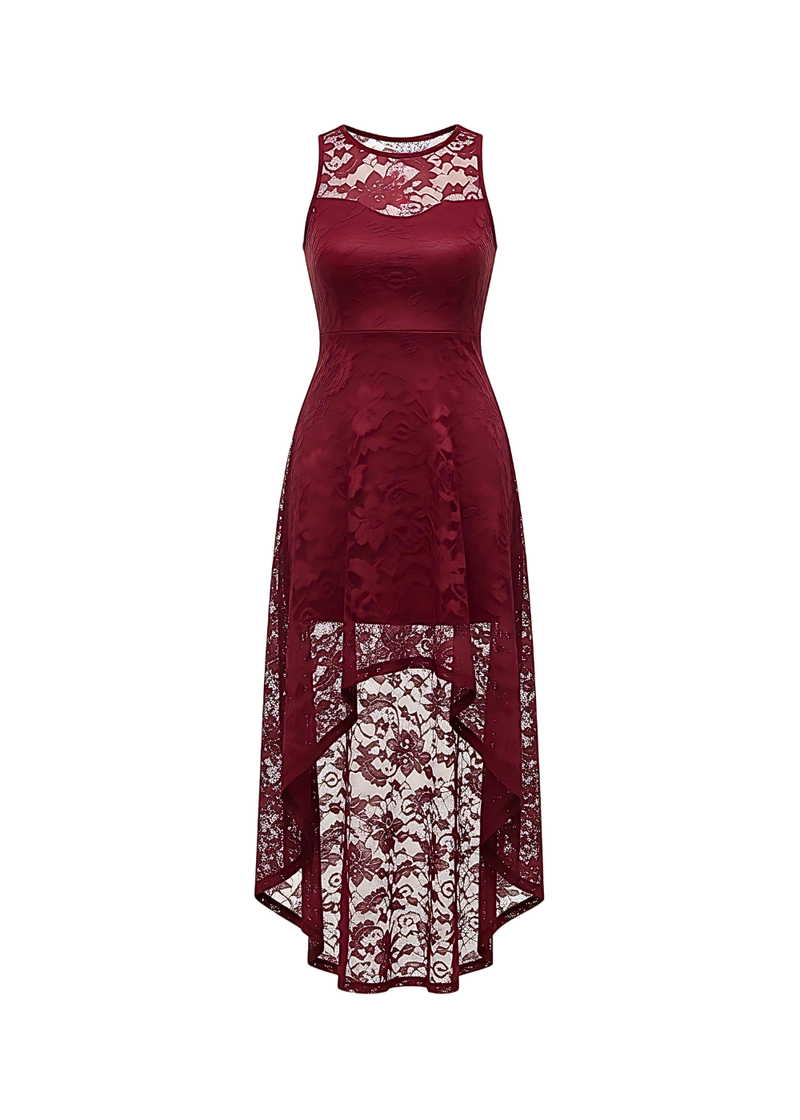 Wine Floral Lace Asymmetrical Hem Party Dress