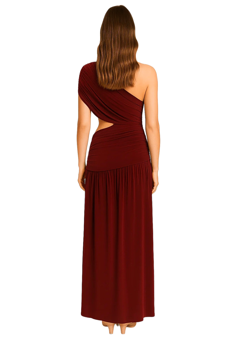 Wine One Shoulder Draping Detailed Side Cut Out Maxi Dress