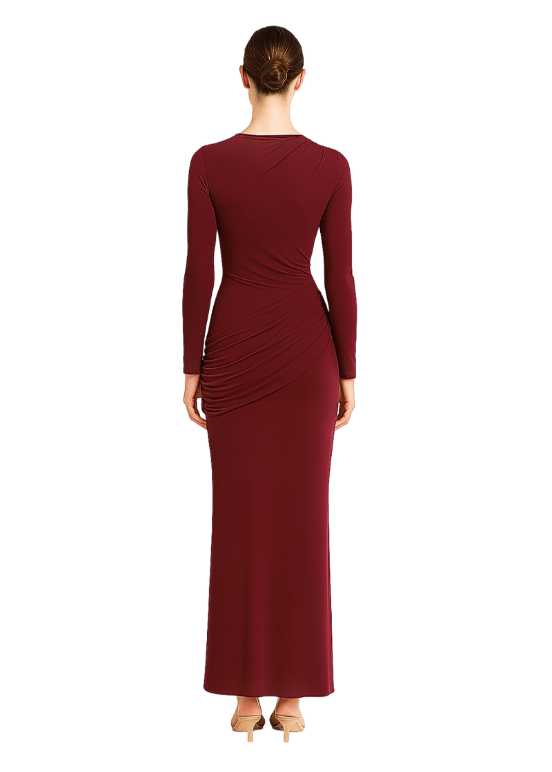 Wine Side Ruching Bodycon Full-Sleeve Jersey Evening Gown