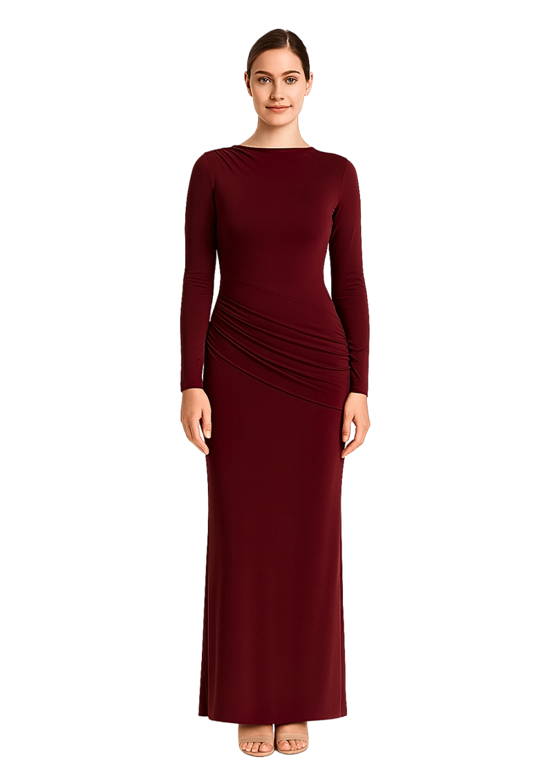 Wine Side Ruching Bodycon Full-Sleeve Jersey Evening Gown