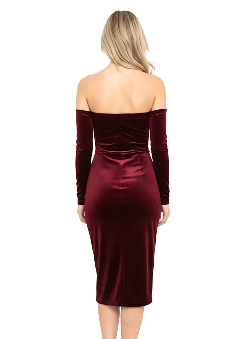 Wine Velvet Off Shoulder Velvet Bodycon Midi Dress