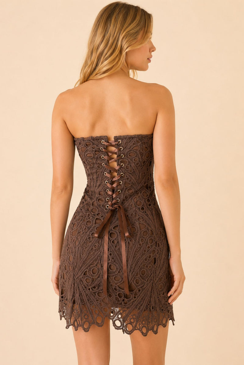 Women's Chocolate Strapless Lace Bodycon Mini Dress