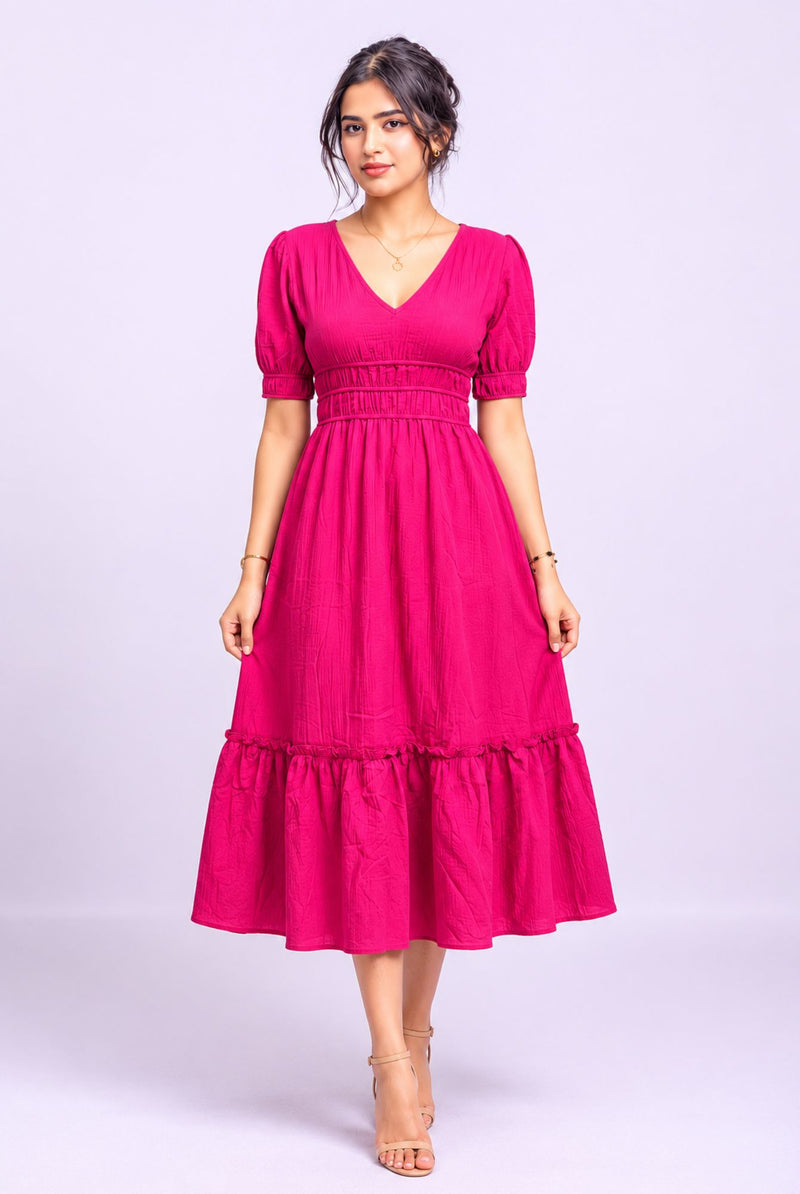 Women's Fuchsia V Neck Puff Sleeve Tiered Midi Dress