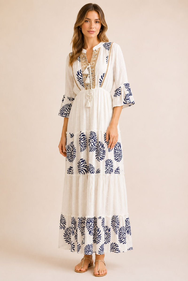 Women's White Embroidered Tassel Tiered Maxi Dress – Navy Print