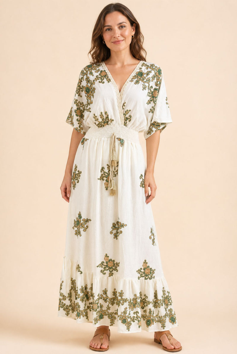 Women's White Floral Embroidered Wrap Maxi Dress – Green & Beige Embroidery