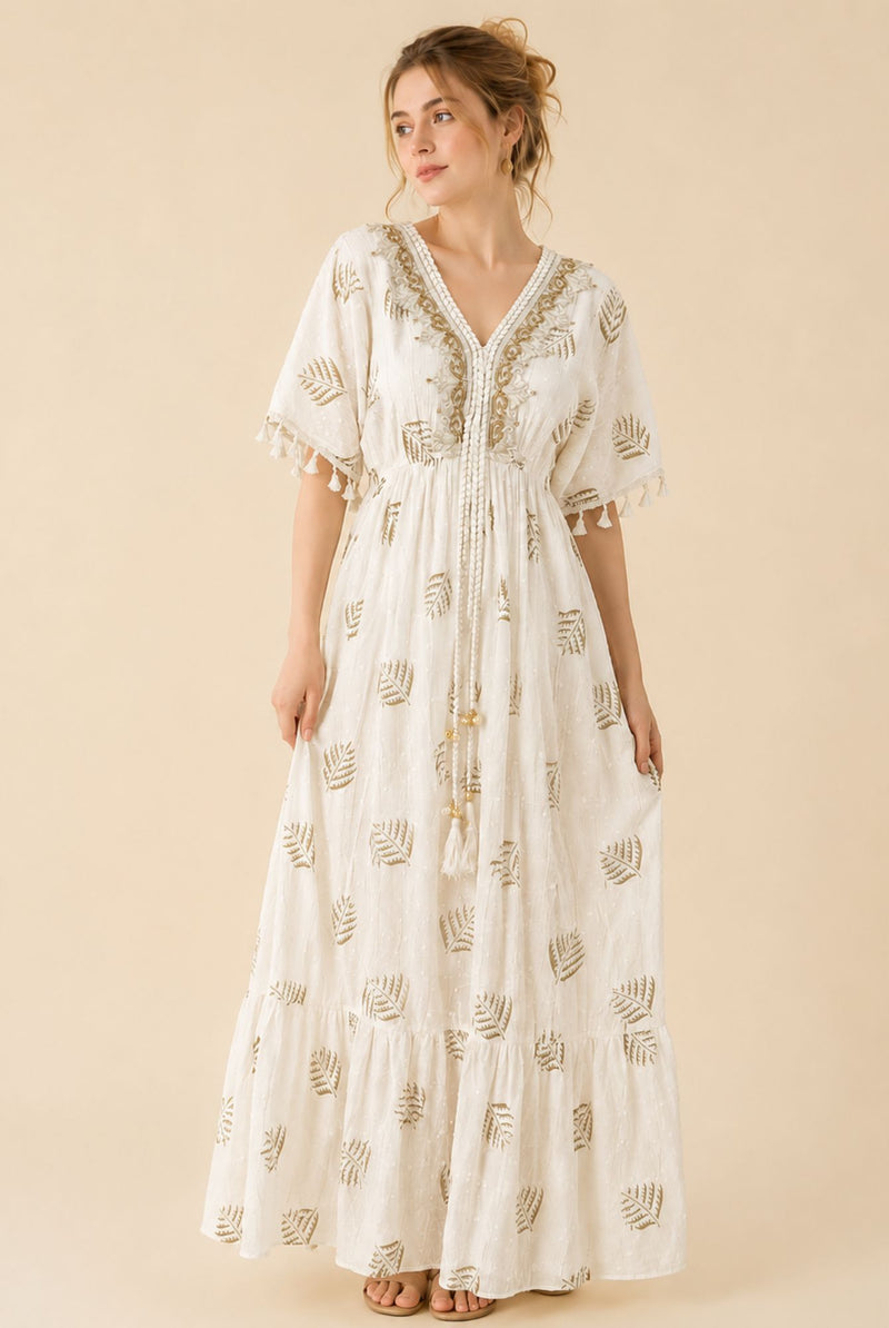 Women's White Tassel Kaftan Maxi Dress – Beige Print & Gold Embroidery