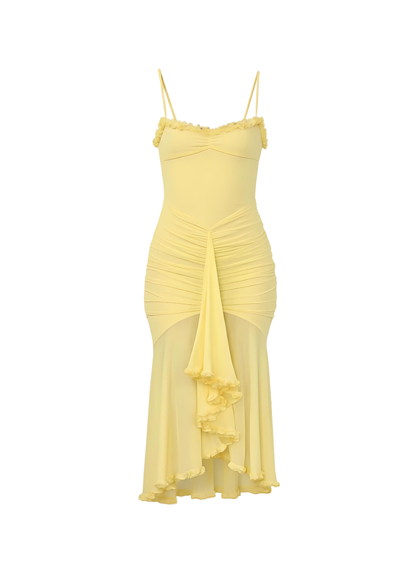 Yellow Ruched Bodycon Mesh Classic Party Midi Dress