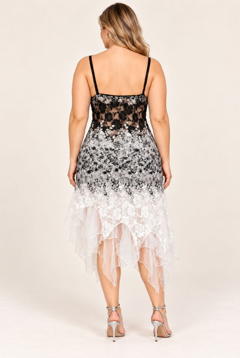 Back view of black and white floral lace midi dress with slim straps and a straight back neckline