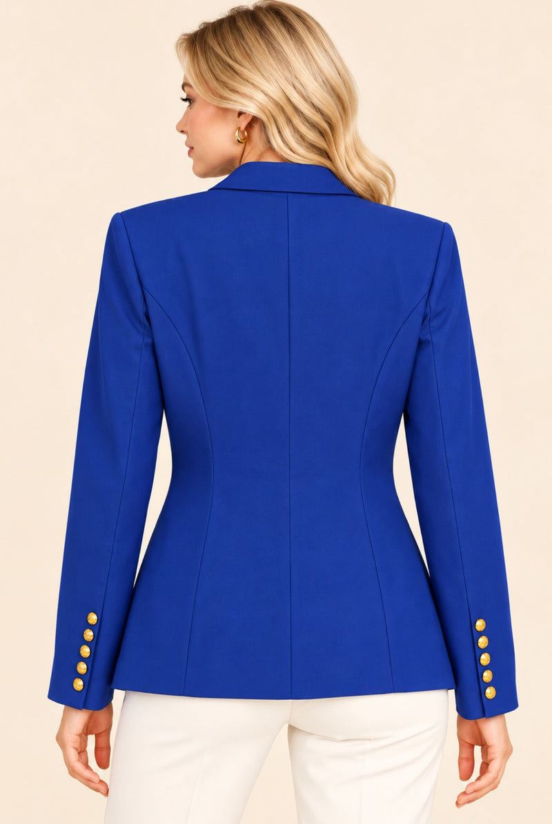 Back view of blue tailored blazer with shaping seams and gold-tone cuff buttons