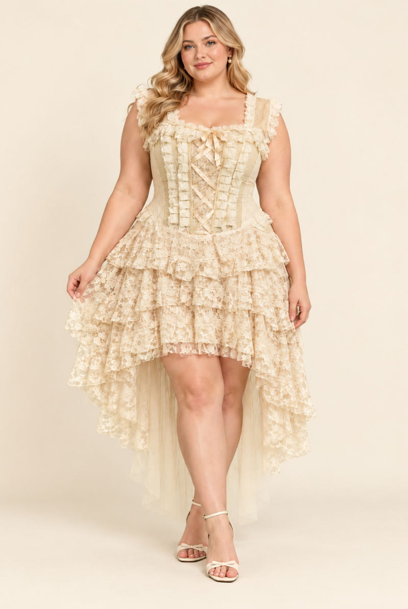 Front view of cream plus size lace corset dress with ruffle straps and a tiered high-low skirt