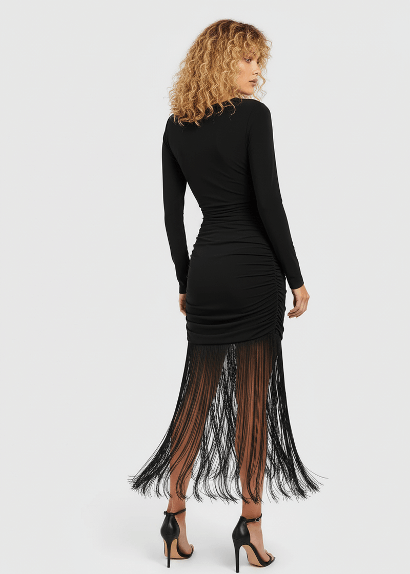 Avinci fringe tassel hem cami long sleeve bodycon midi dress back view