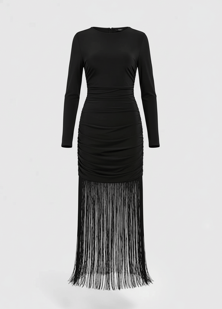 Avinci fringe tassel hem cami long sleeve bodycon midi dress front view