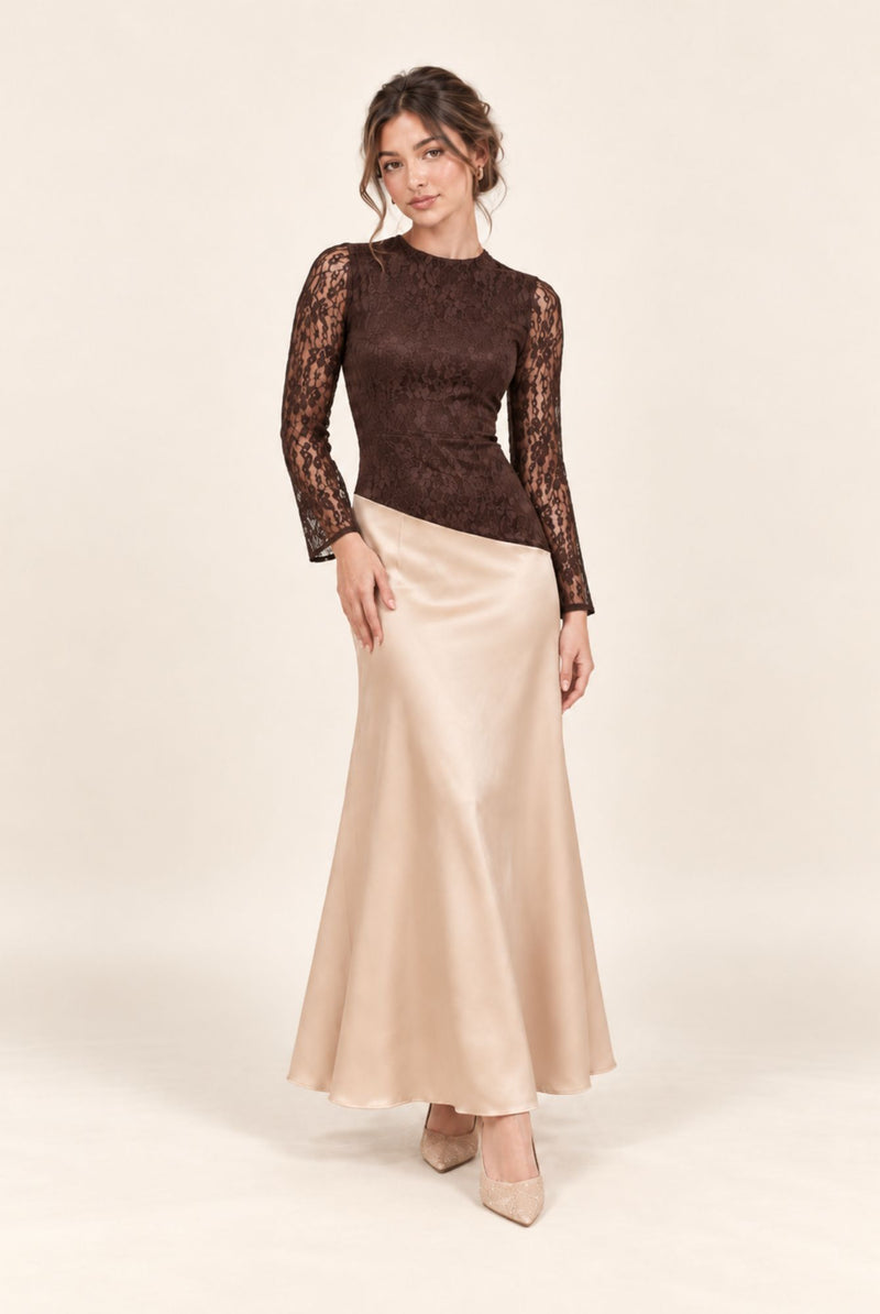 Front view of petite brown and champagne lace and satin maxi dress with long flared sleeves