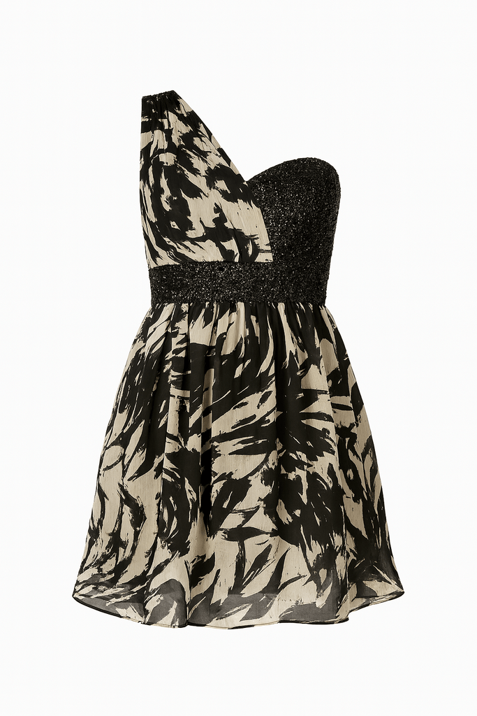 Black and beige chiffon one shoulder evening style mini dress, elegant and lightweight