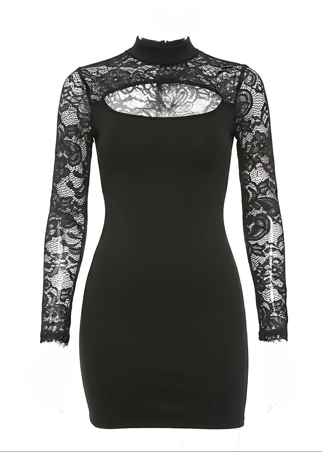Black Lace Long Sleeve High Neck Cut Out Mini Dress - Avinci