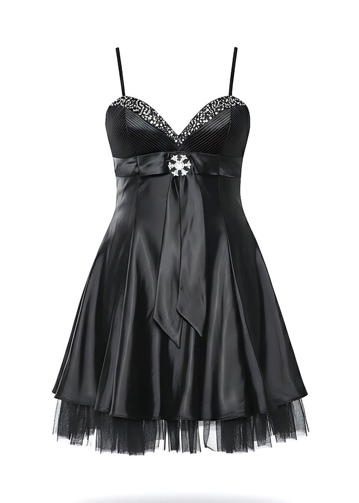 Black Satin Snowflake Embellished Babydoll Mini Dress