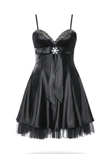 Black Satin Snowflake Embellished Babydoll Mini Dress